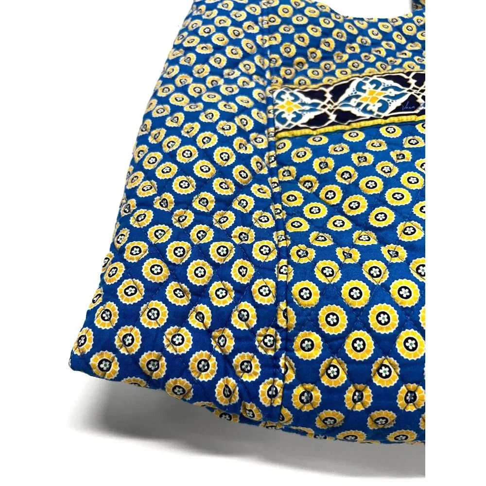 VERA BRADLEY Tote Bag Riviera Blue‎ Yellow Flower Pockets Quilted Snap Closure